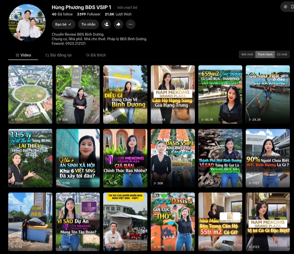 Kênh TikTok Hùng Phương BĐS VSIP 1 - 3.4K follower